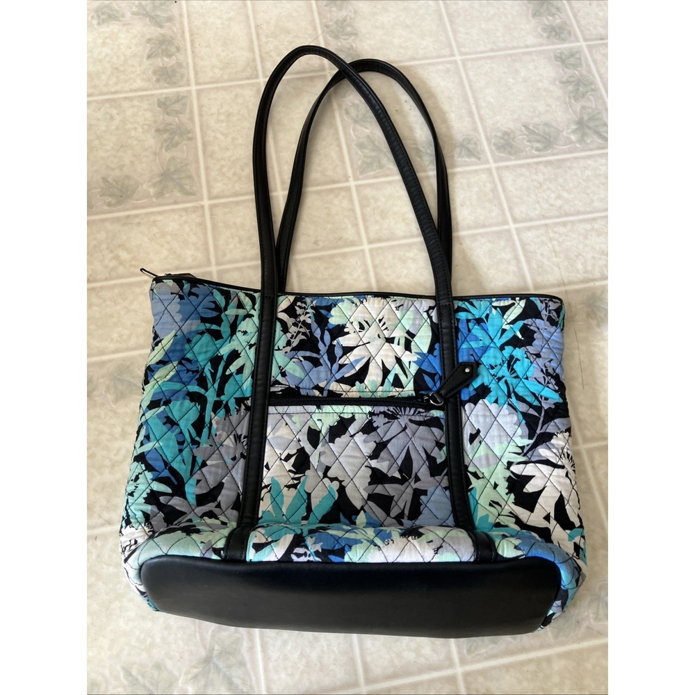Vera Bradley Tote Bag Floral Turquoise Gray Black Leather Handles Zip Top Pocket